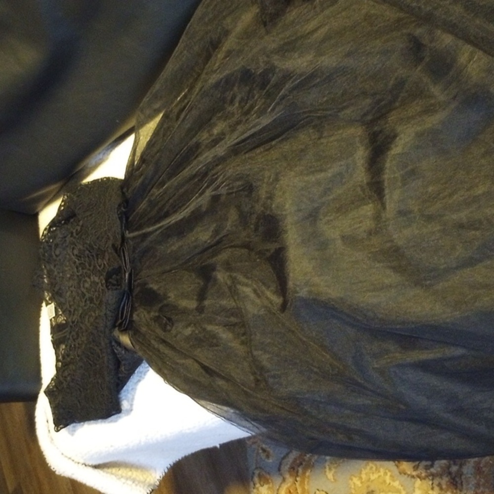 170  Studio Boutique,black lace top with taffeta underskirt and tool topping.